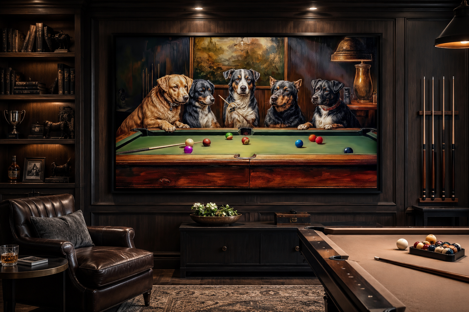Dogs Playing Pool Framed Canvas Wall Art For Game Room Decor