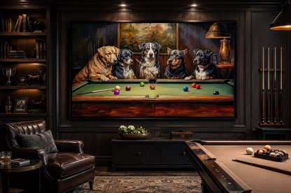 Dogs Playing Pool Framed Canvas Wall Art For Game Room Decor