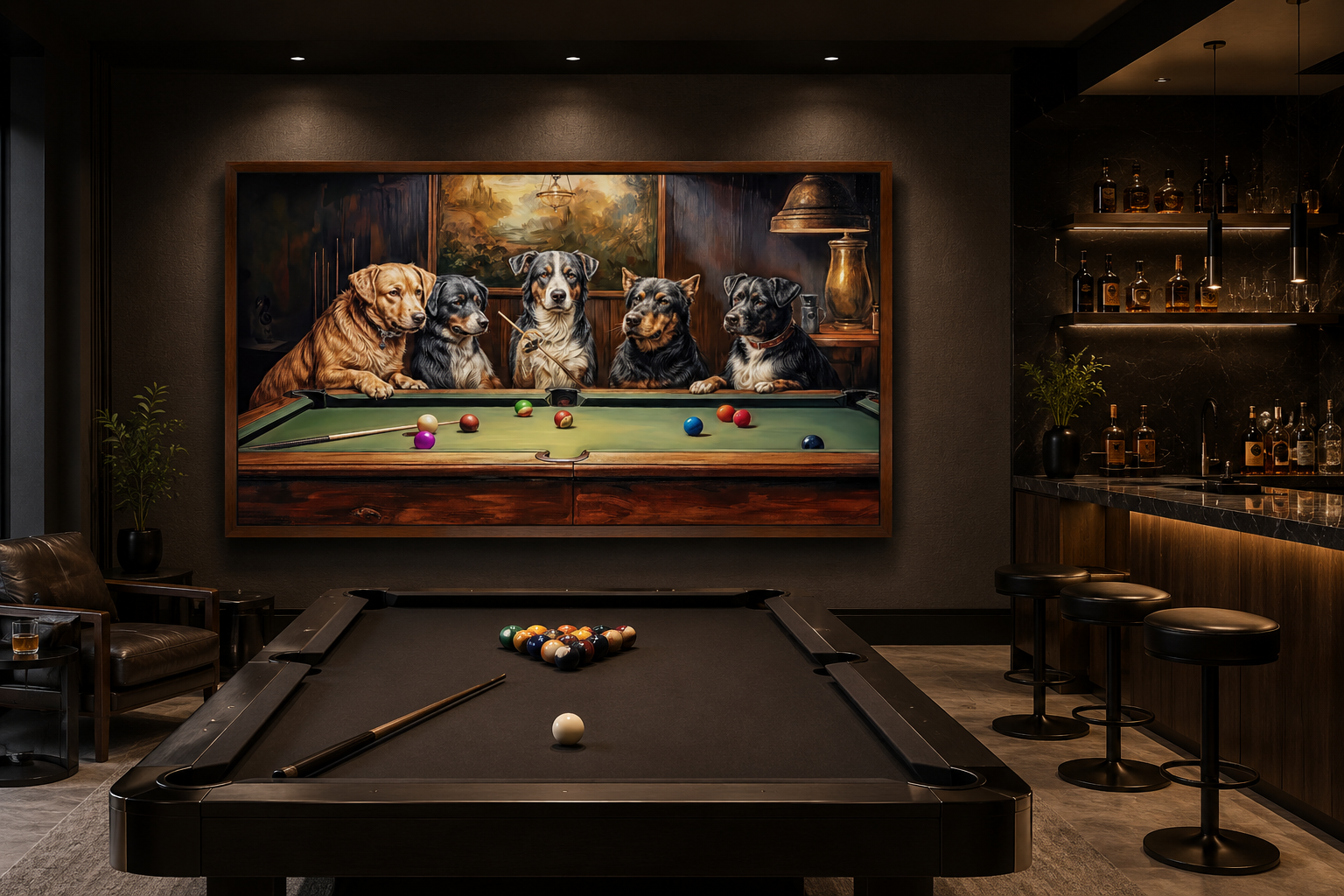 Dogs Playing Pool Framed Canvas Wall Art For Game Room Decor