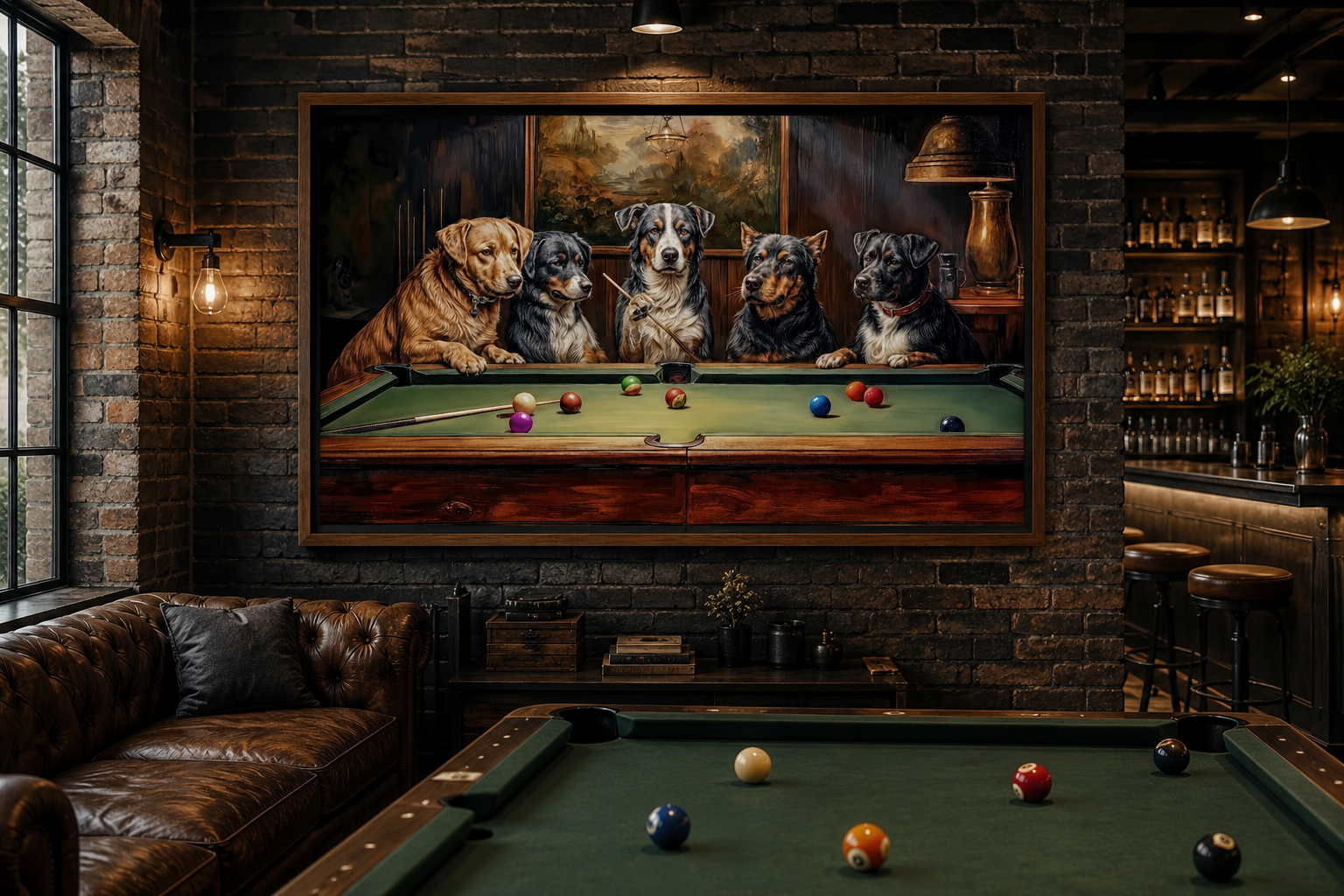 Dogs Playing Pool Framed Canvas Wall Art For Game Room Decor
