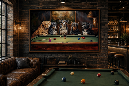 Dogs Playing Pool Framed Canvas Wall Art For Game Room Decor