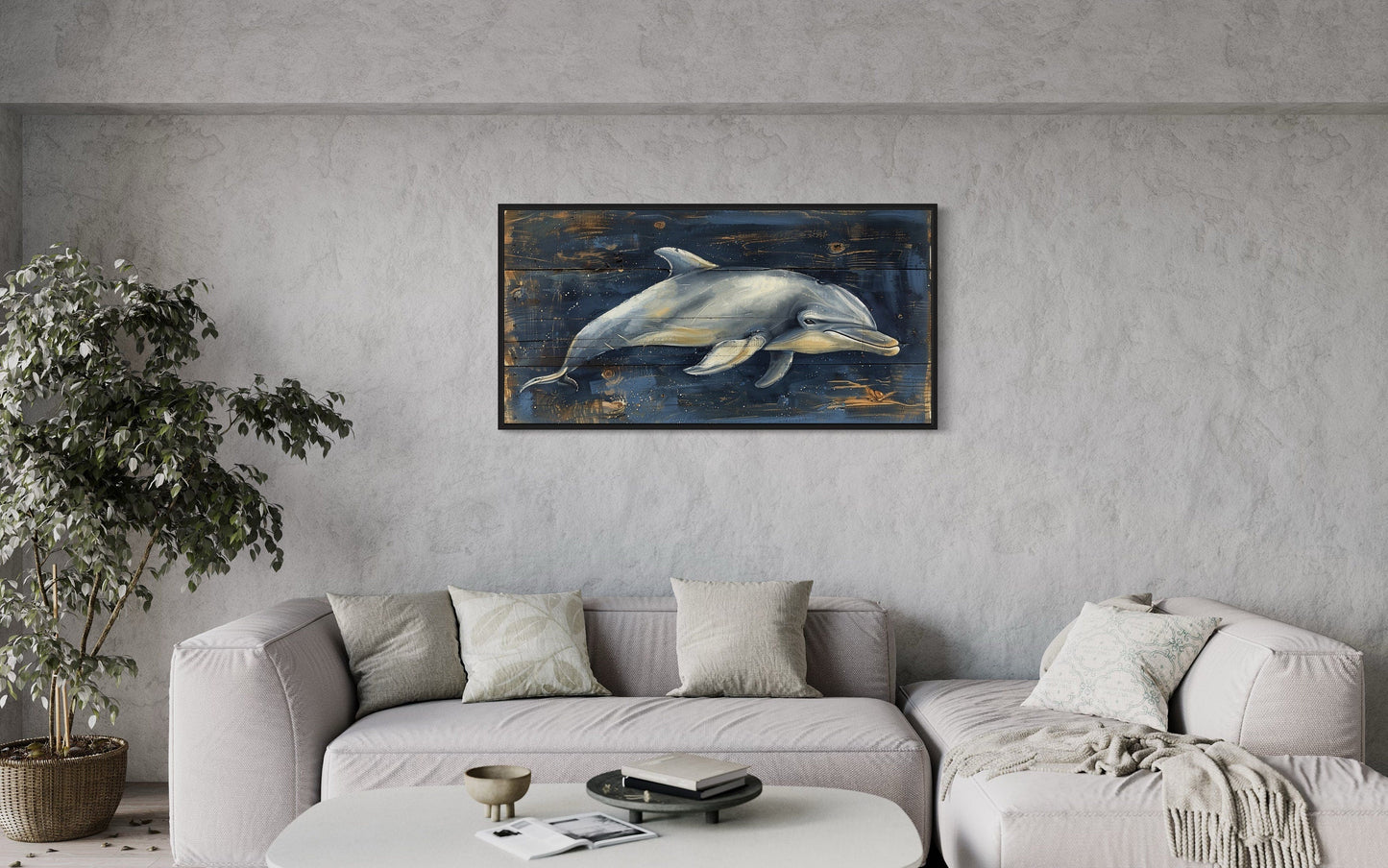 Dolphin Wall Art - Navy Blue Canvas Print | Distressed Wood Coastal Decor