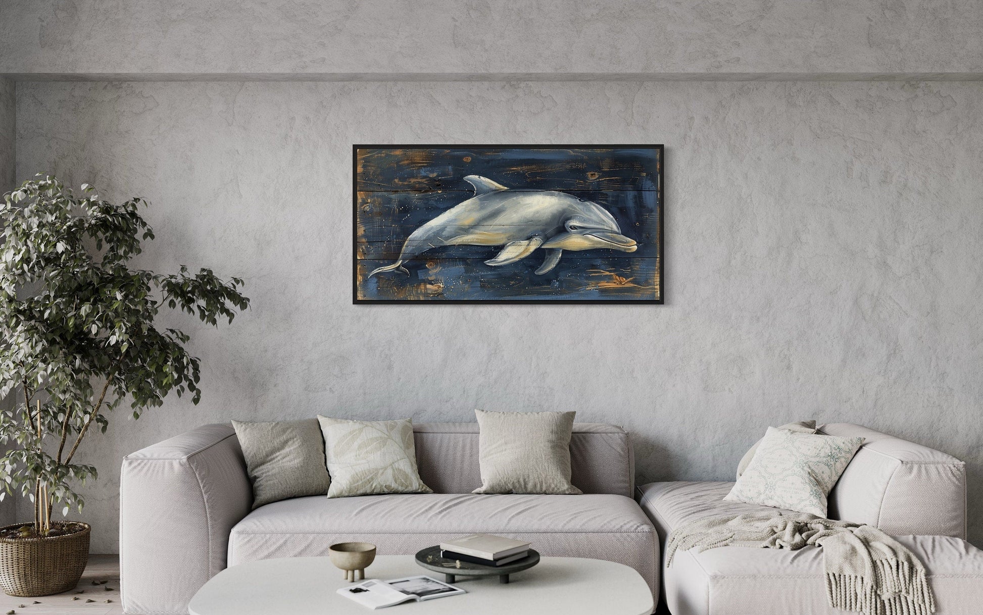Dolphin Wall Art - Navy Blue Canvas Print | Distressed Wood Coastal Decor