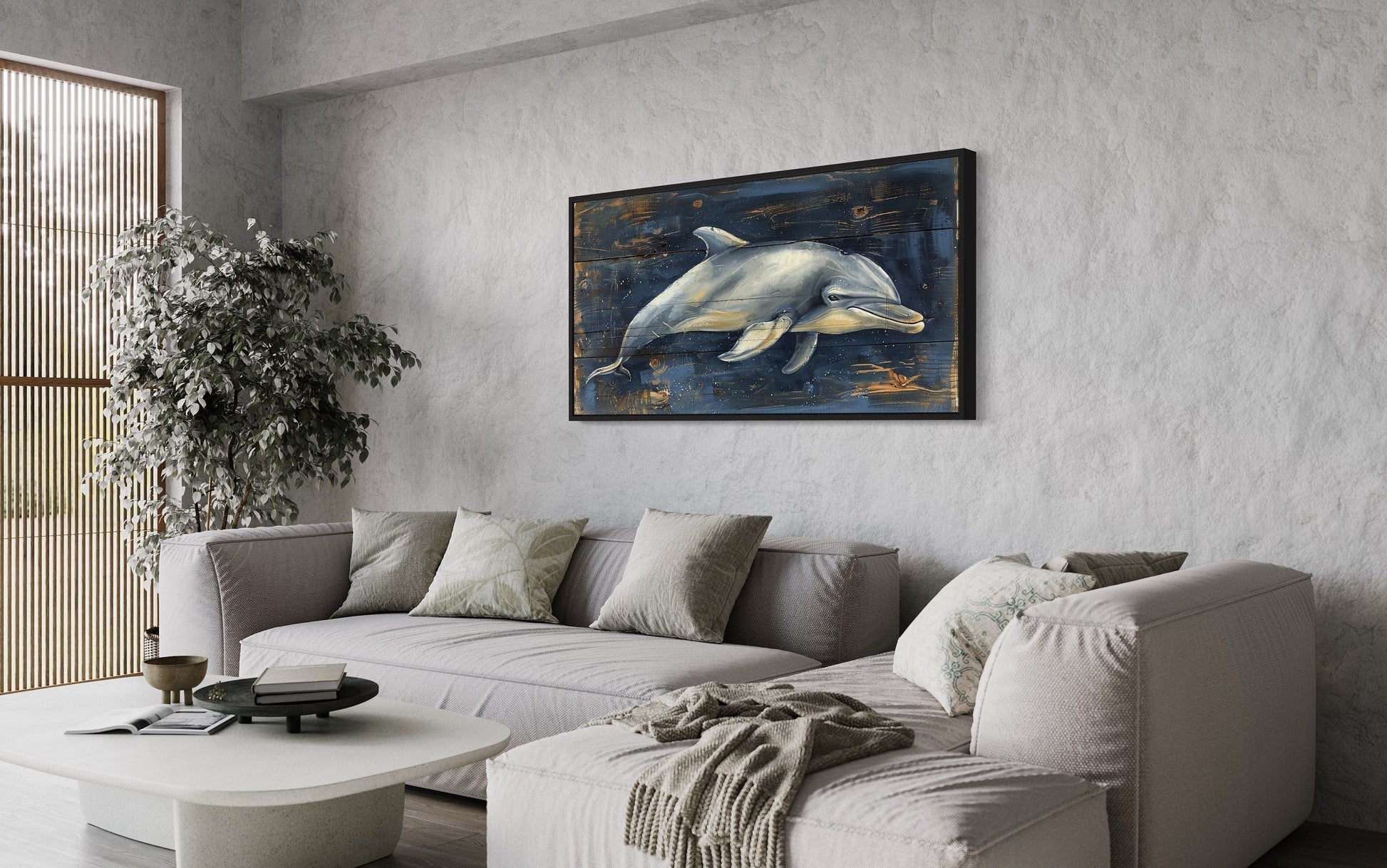 Dolphin Wall Art - Navy Blue Canvas Print | Distressed Wood Coastal Decor