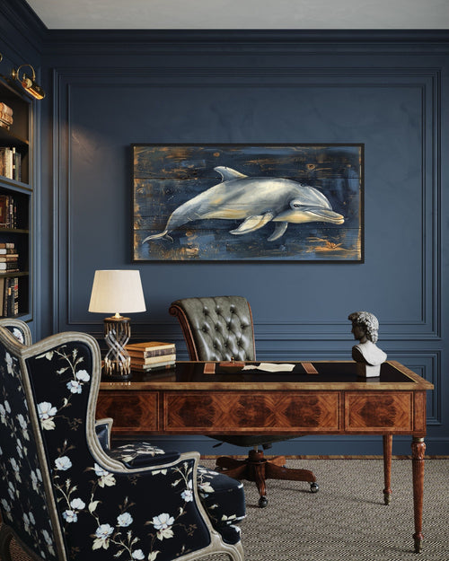 Dolphin Wall Art - Navy Blue Canvas Print | Distressed Wood Coastal Decor