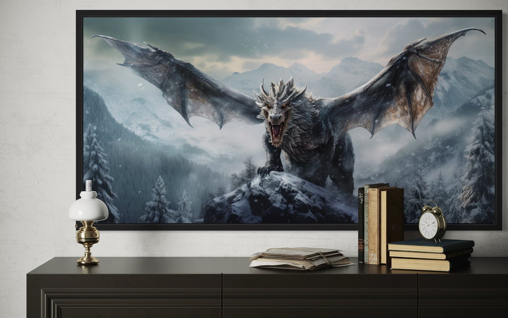 Dragon Canvas Wall Art – Framed Fantasy Painting for Ma Cave Or Game Room Decor