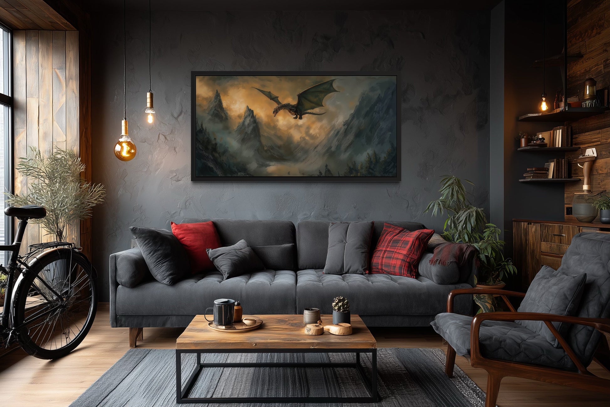 Dragon Canvas Wall Art – Framed Mountain Dragon Painting | Fantasy Home Decor