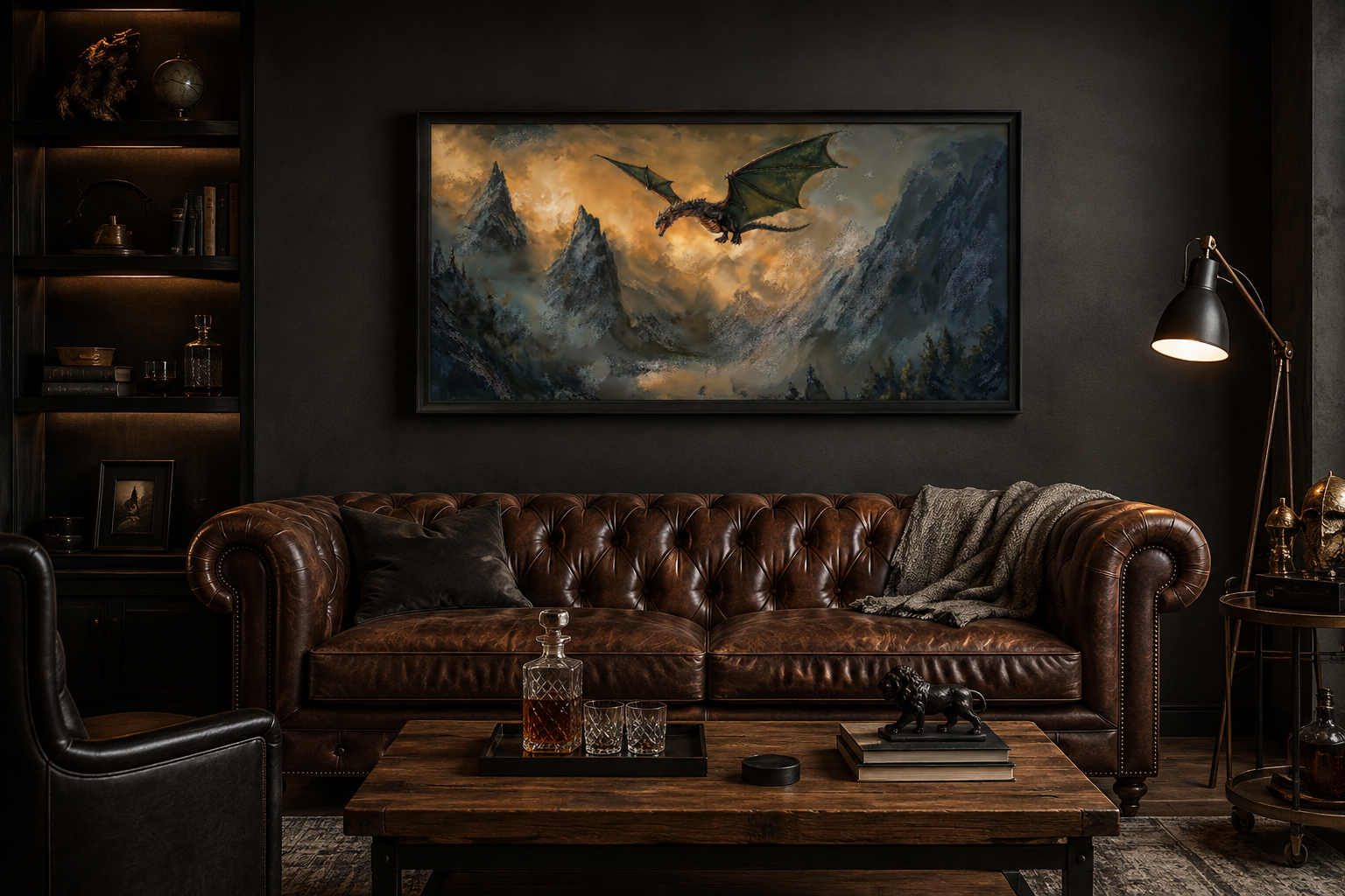 Dragon Canvas Wall Art – Framed Mountain Dragon Painting | Fantasy Home Decor