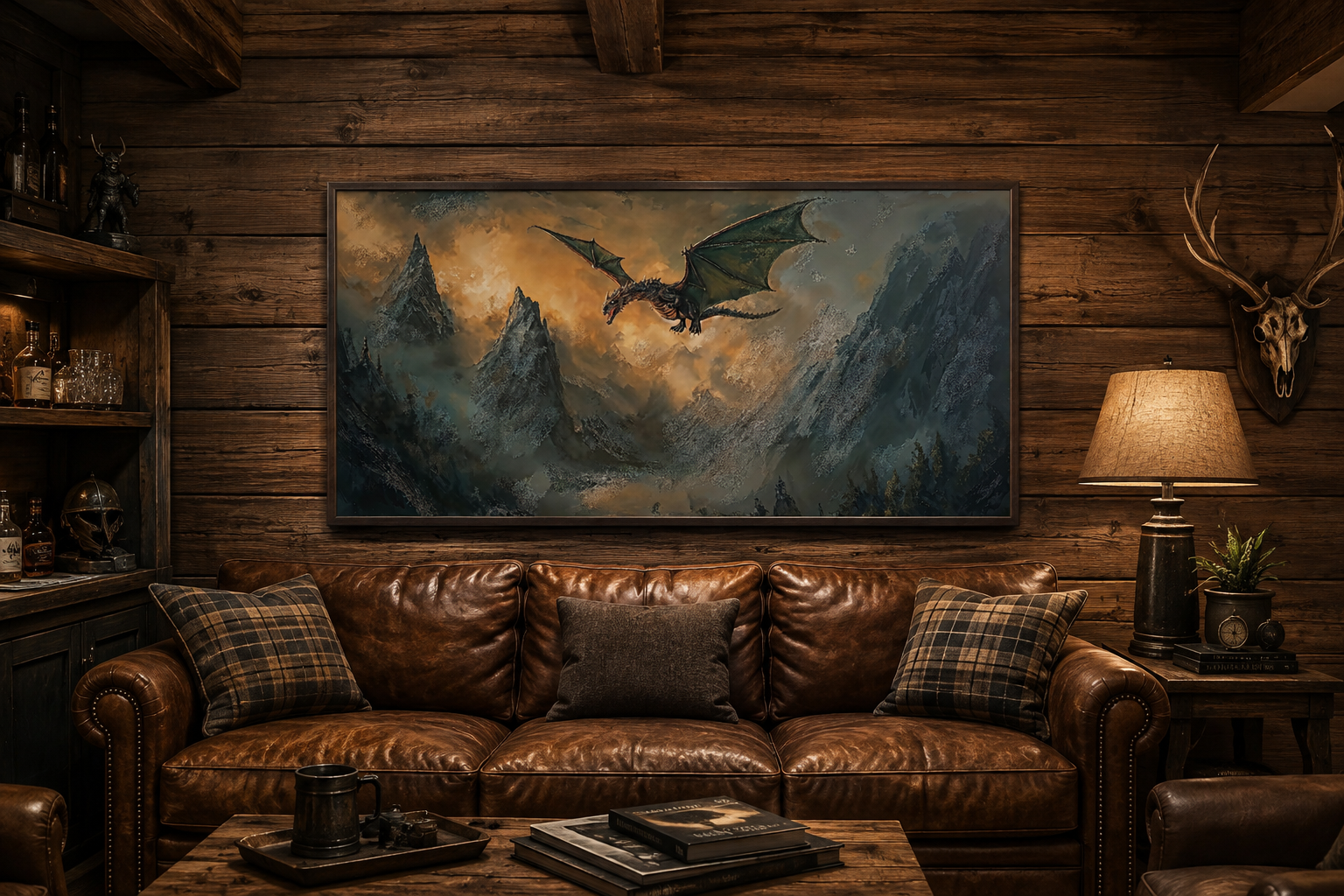 Dragon Canvas Wall Art – Framed Mountain Dragon Painting | Fantasy Home Decor