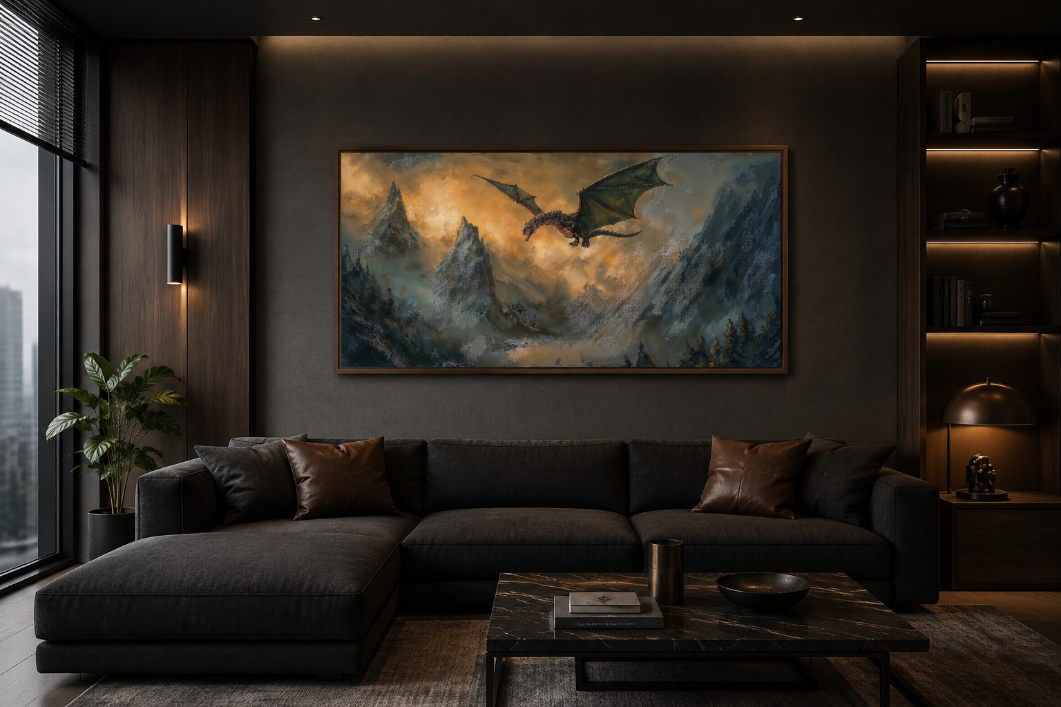 Dragon Canvas Wall Art – Framed Mountain Dragon Painting | Fantasy Home Decor
