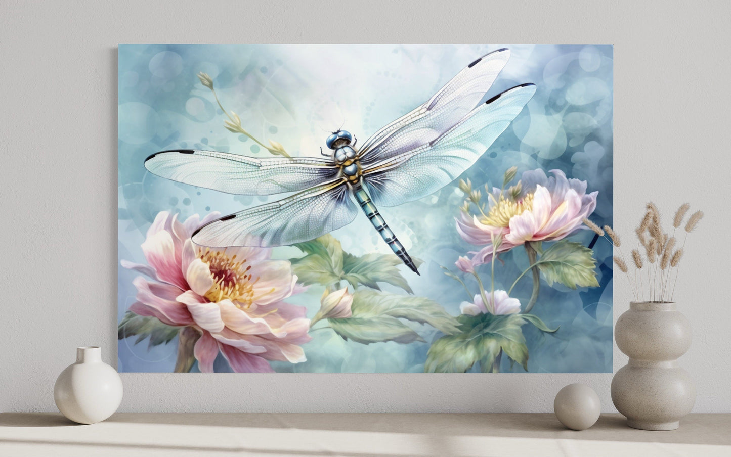 Dragonfly On Flower Shabby Chic Watercolor Wall Art For Farmhouse Decor