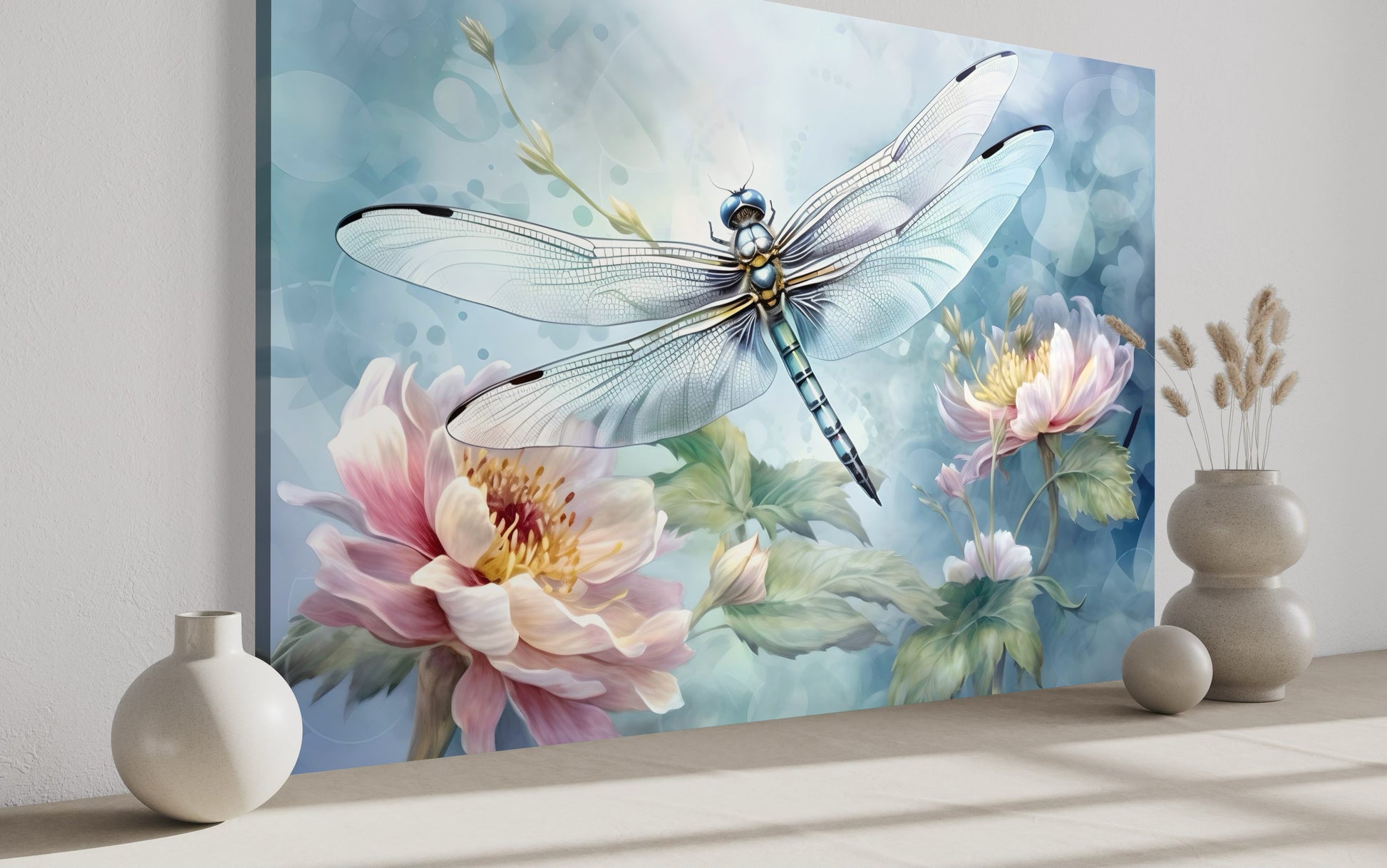 Dragonfly On Flower Shabby Chic Watercolor Wall Art For Farmhouse Decor