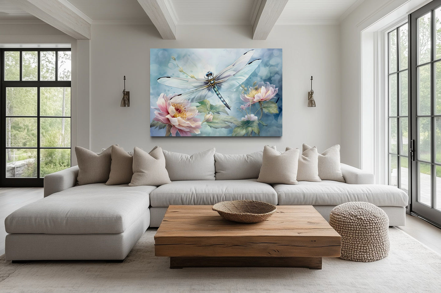 Dragonfly On Flower Shabby Chic Watercolor Wall Art For Farmhouse Decor