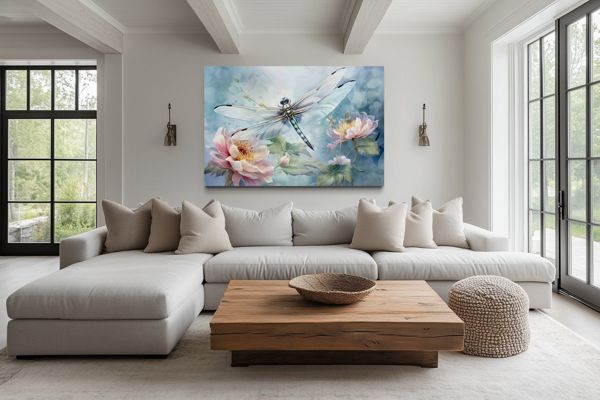 Dragonfly On Flower Shabby Chic Watercolor Wall Art For Farmhouse Decor