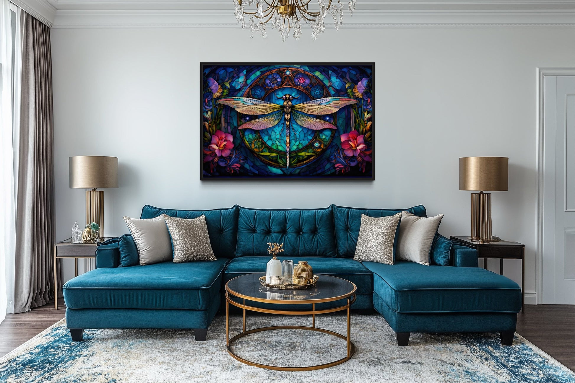 Dragonfly Stained Glass Style Art Nouveau Framed Canvas Wall Art