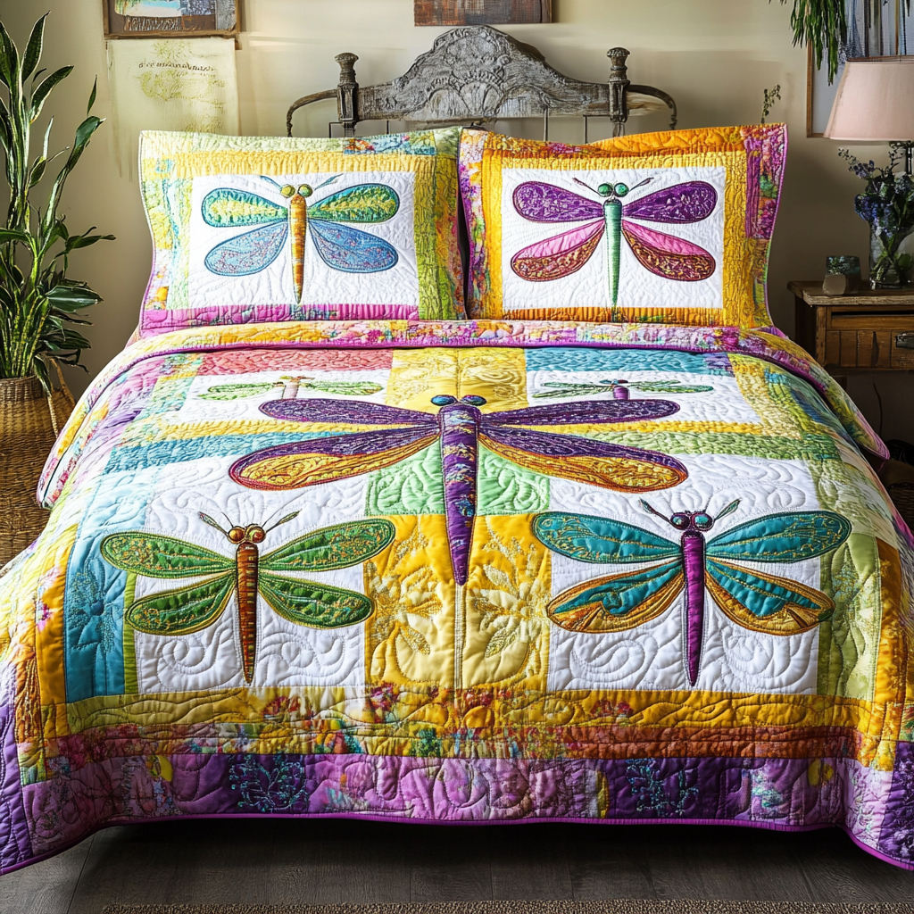 Dragonfly Bliss 3-Piece Quilted Bedding Set - Single (59" x 70")