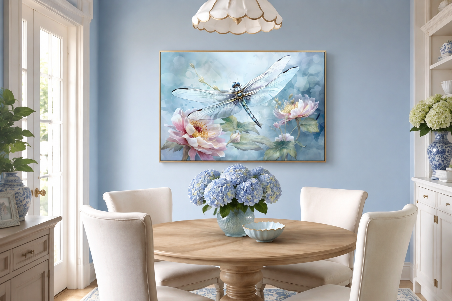 Dragonfly On Flower Shabby Chic Watercolor Wall Art For Farmhouse Decor