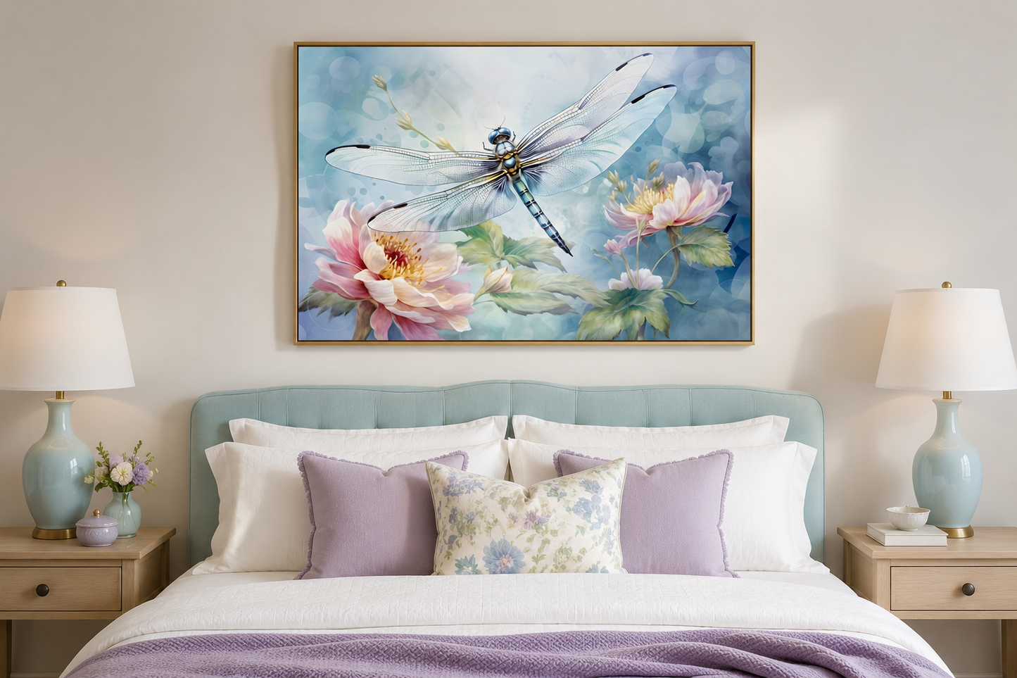 Dragonfly On Flower Shabby Chic Watercolor Wall Art For Farmhouse Decor