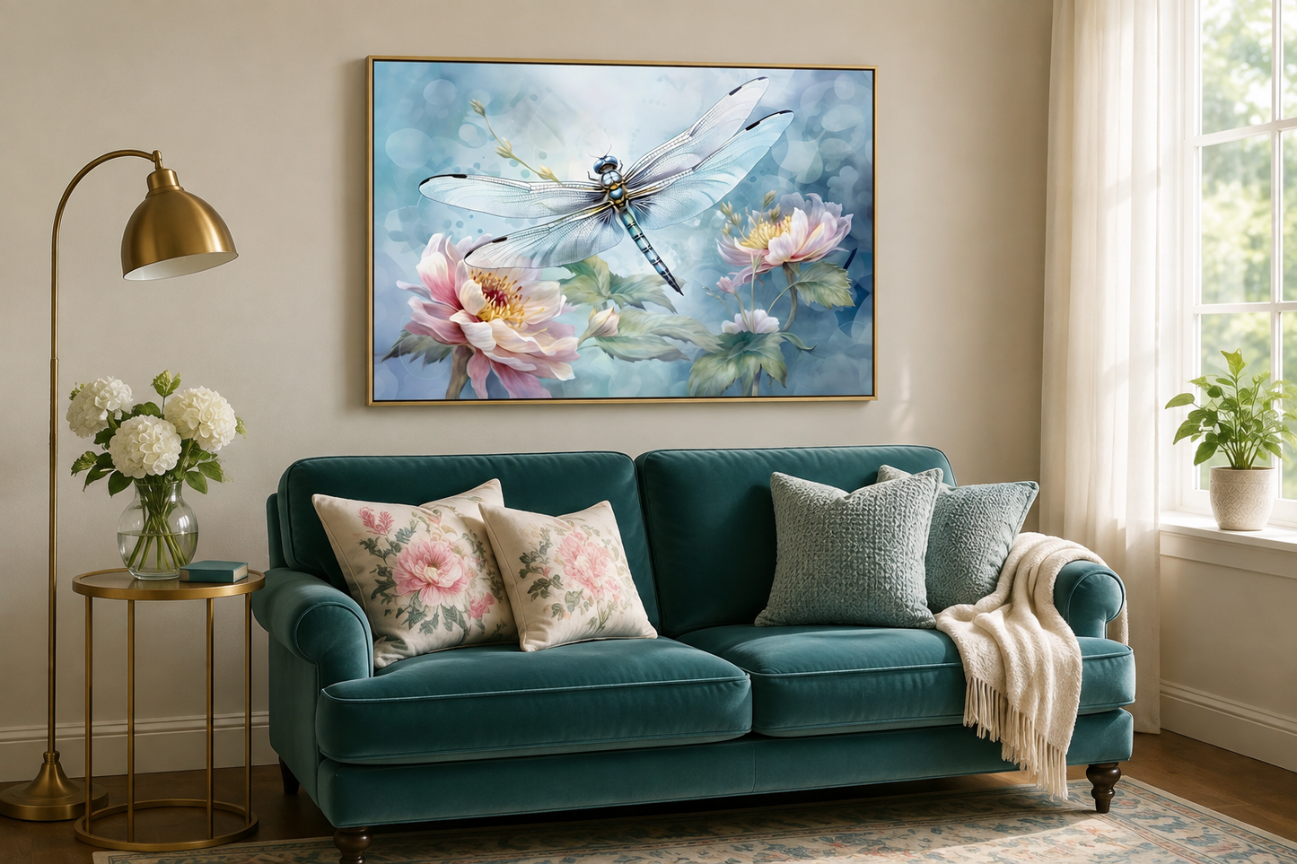 Dragonfly On Flower Shabby Chic Watercolor Wall Art For Farmhouse Decor