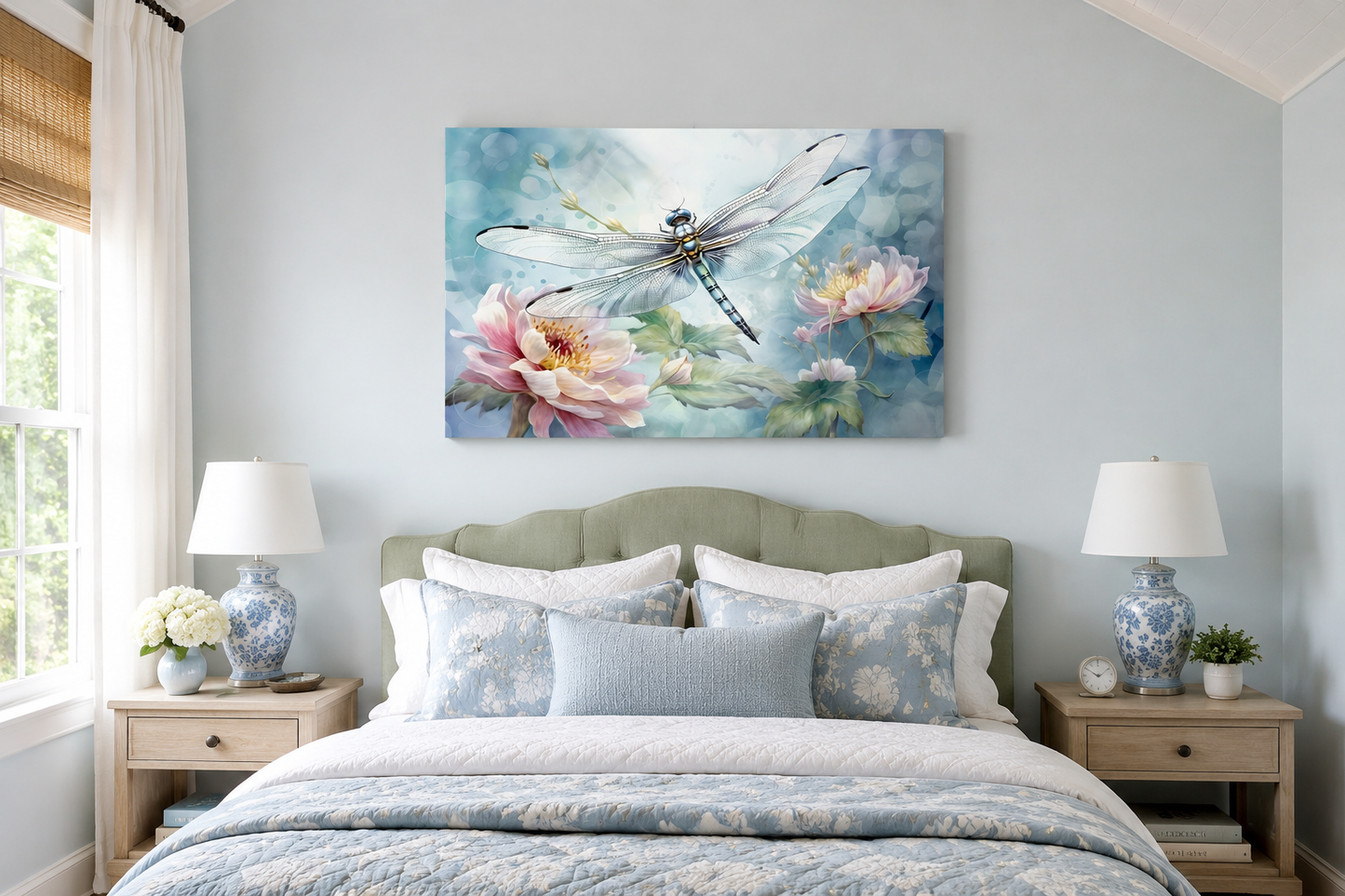 Dragonfly On Flower Shabby Chic Watercolor Wall Art For Farmhouse Decor
