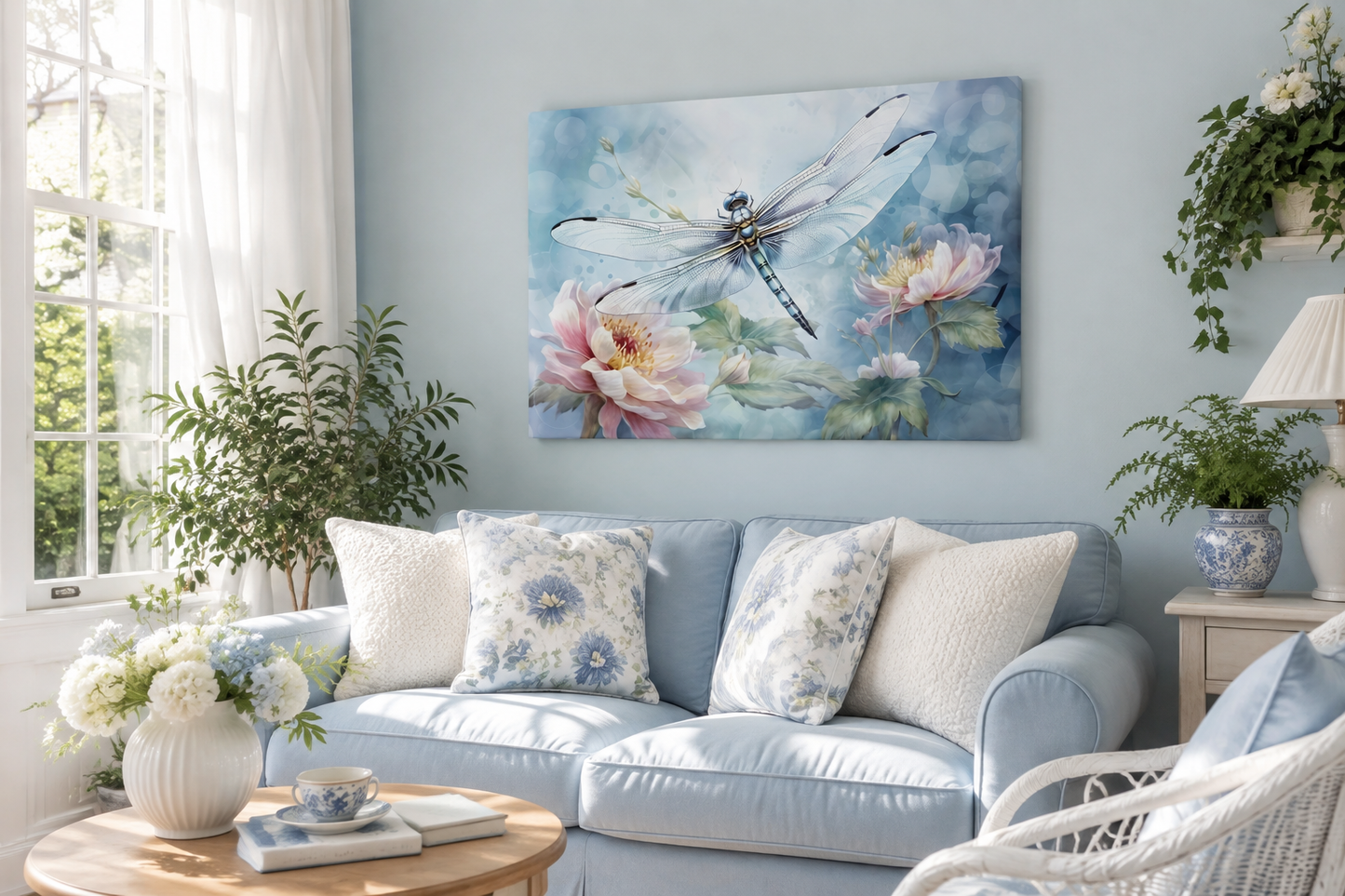Dragonfly On Flower Shabby Chic Watercolor Wall Art For Farmhouse Decor
