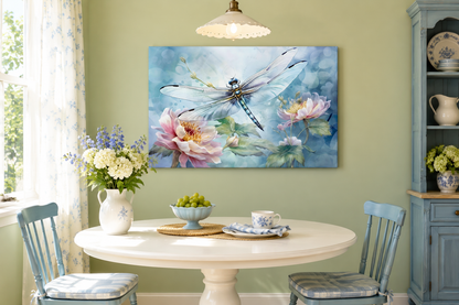 Dragonfly On Flower Shabby Chic Watercolor Wall Art For Farmhouse Decor