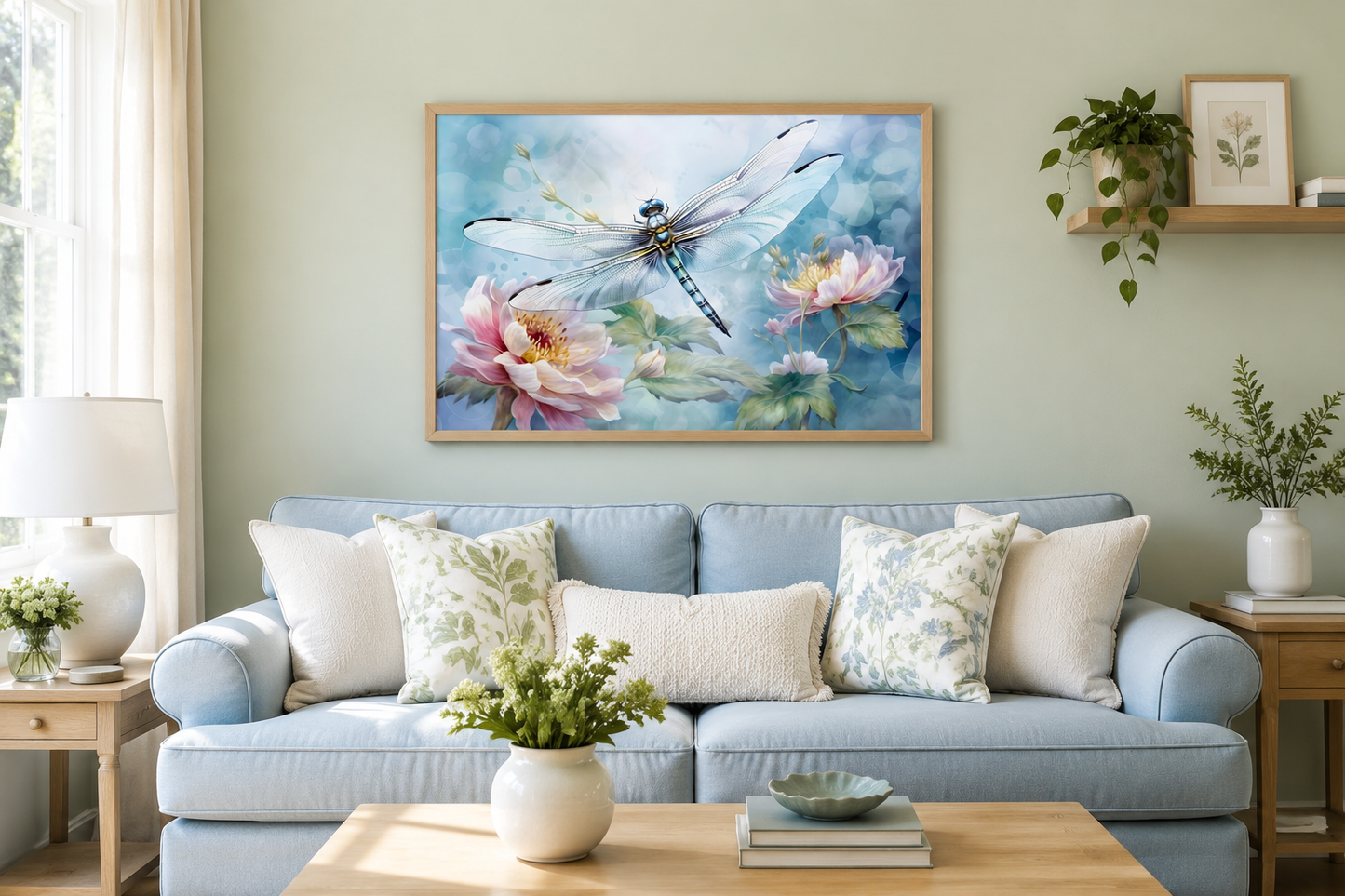 Dragonfly On Flower Shabby Chic Watercolor Wall Art For Farmhouse Decor