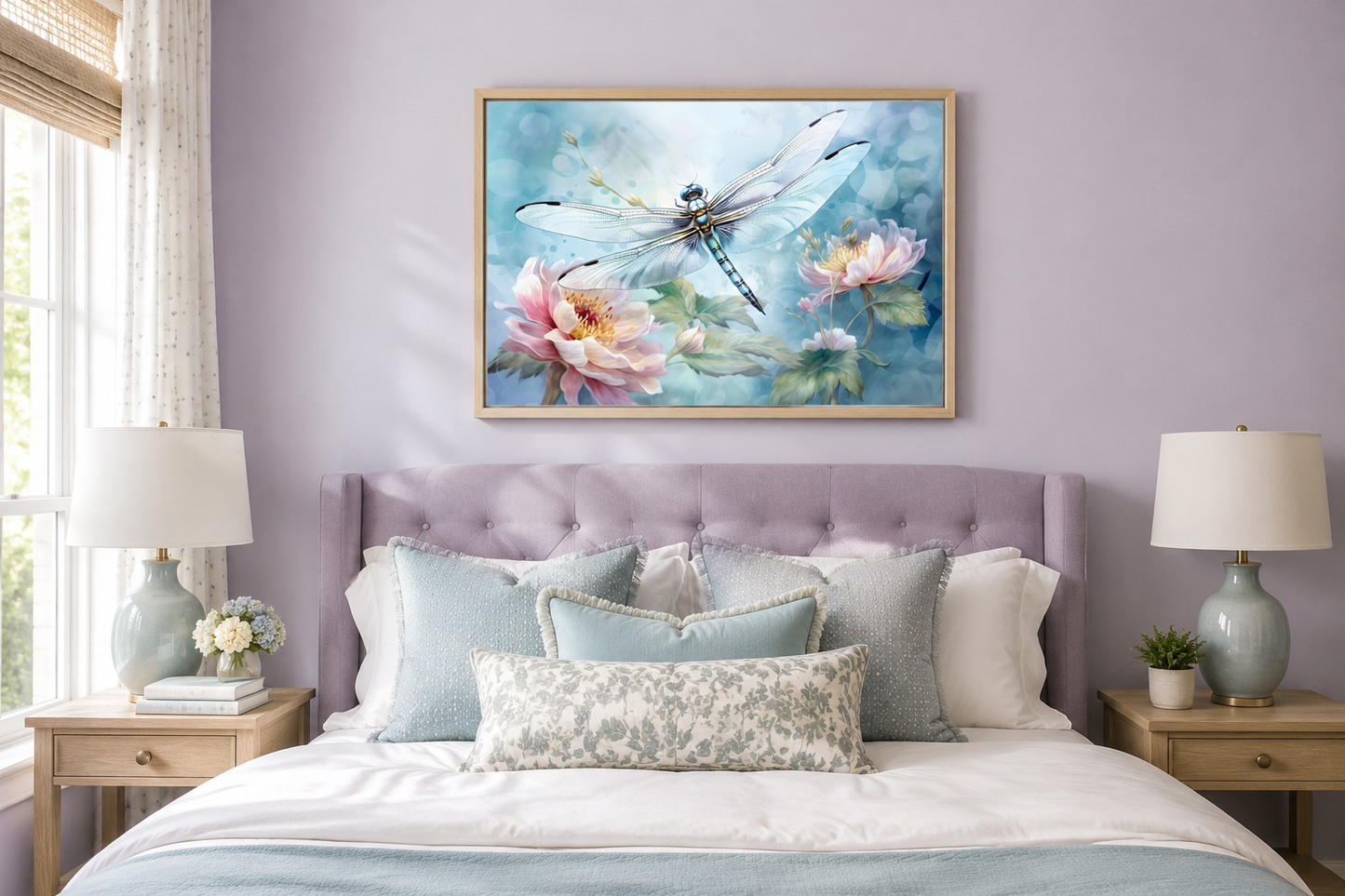 Dragonfly On Flower Shabby Chic Watercolor Wall Art For Farmhouse Decor