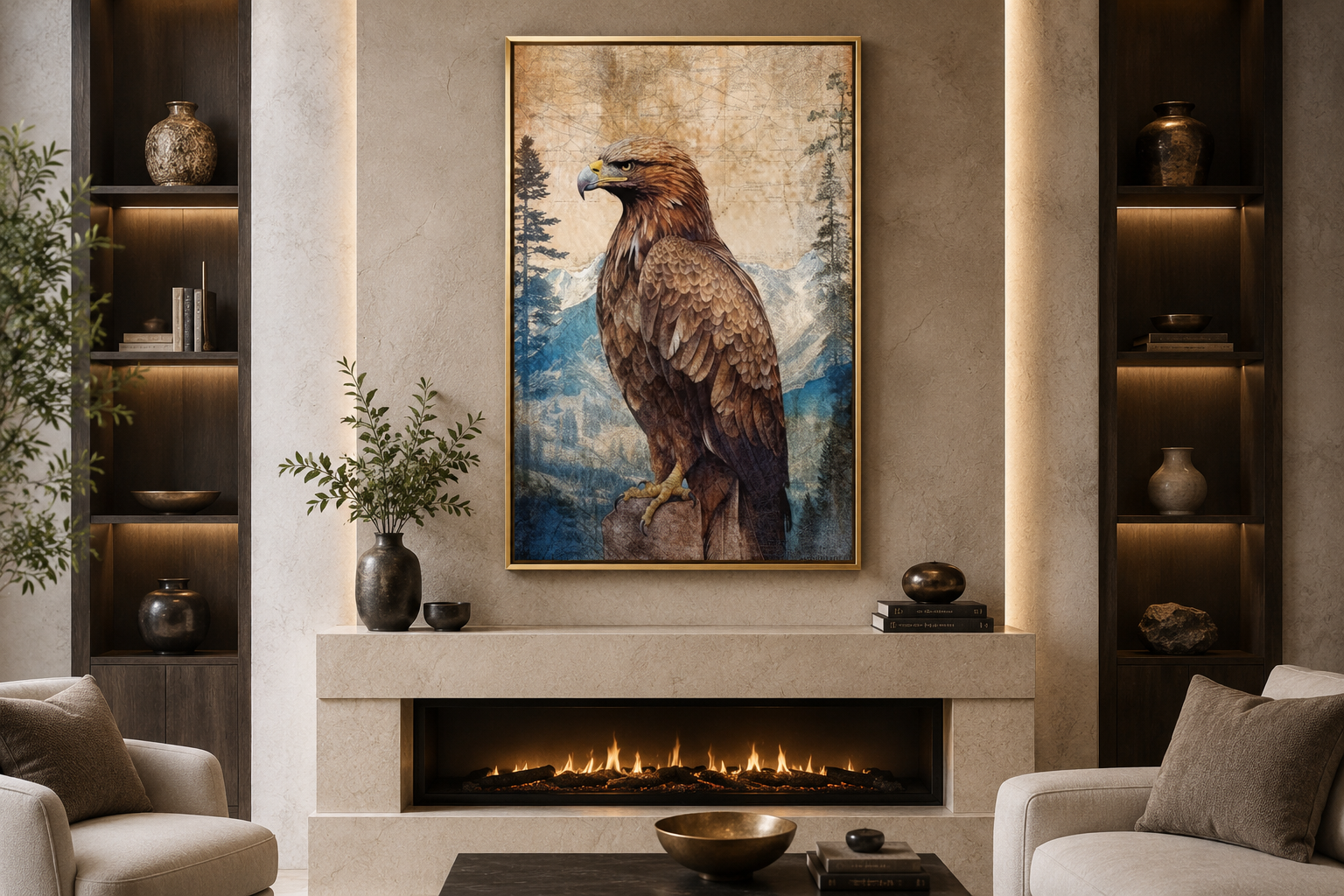 Eagle In Mountains Sitting On a Rock Framed Canvas Wall Art