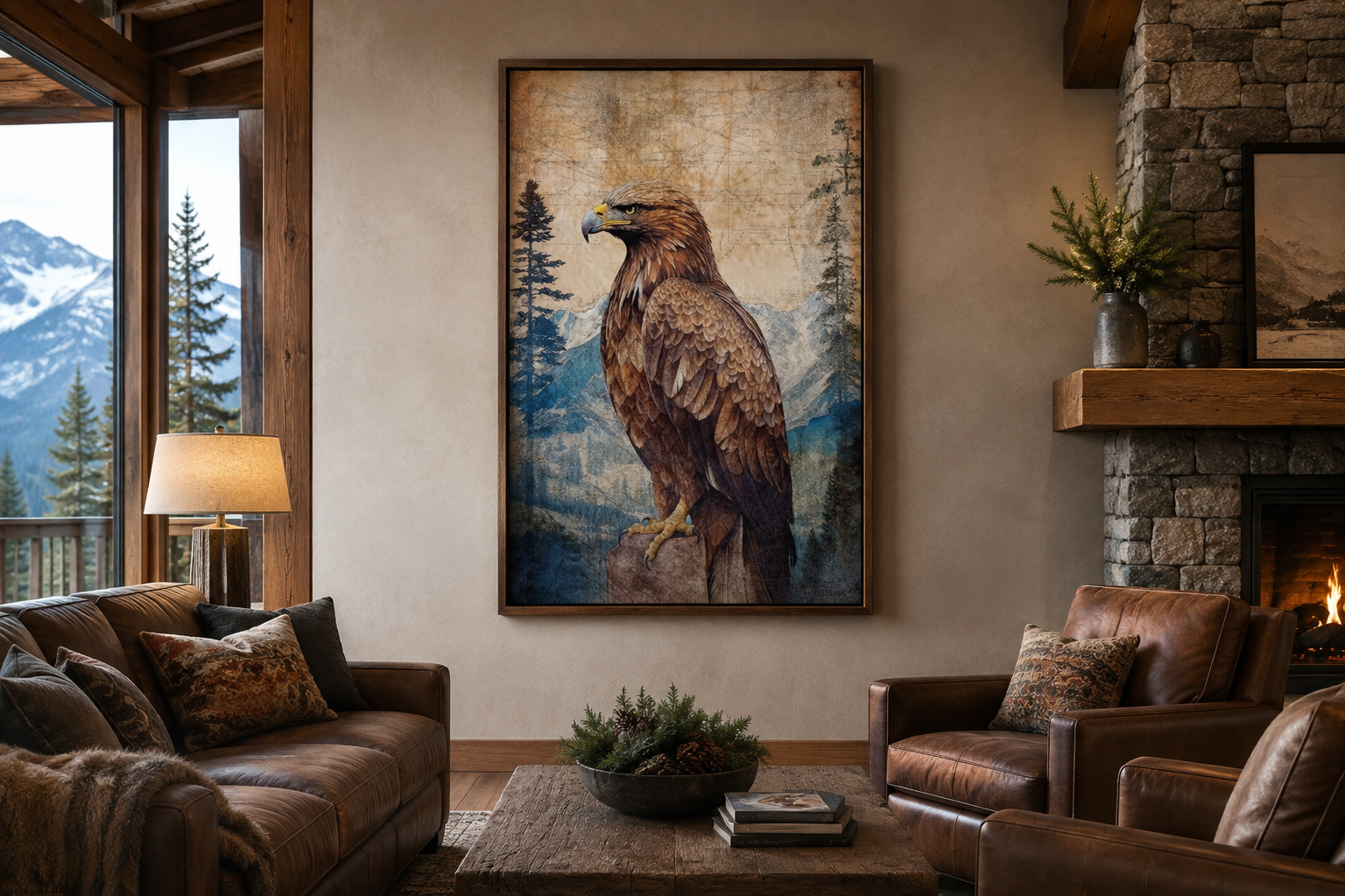Eagle In Mountains Sitting On a Rock Framed Canvas Wall Art