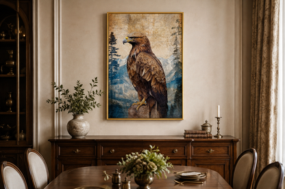 Eagle In Mountains Sitting On a Rock Framed Canvas Wall Art