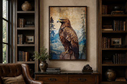 Eagle In Mountains Sitting On a Rock Framed Canvas Wall Art