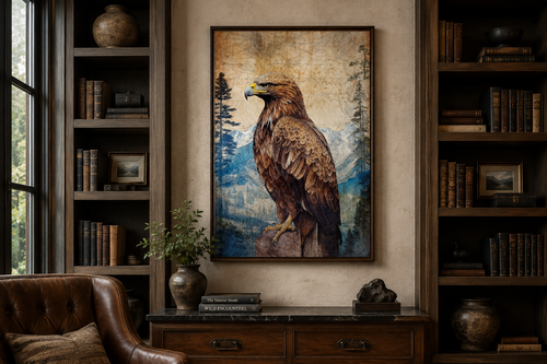 Eagle In Mountains Sitting On a Rock Framed Canvas Wall Art