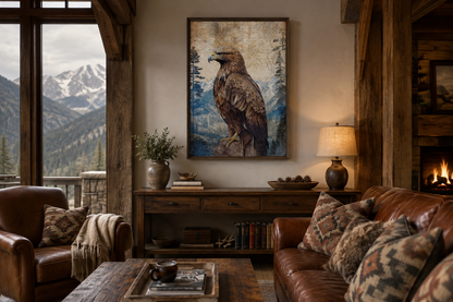 Eagle In Mountains Sitting On a Rock Framed Canvas Wall Art