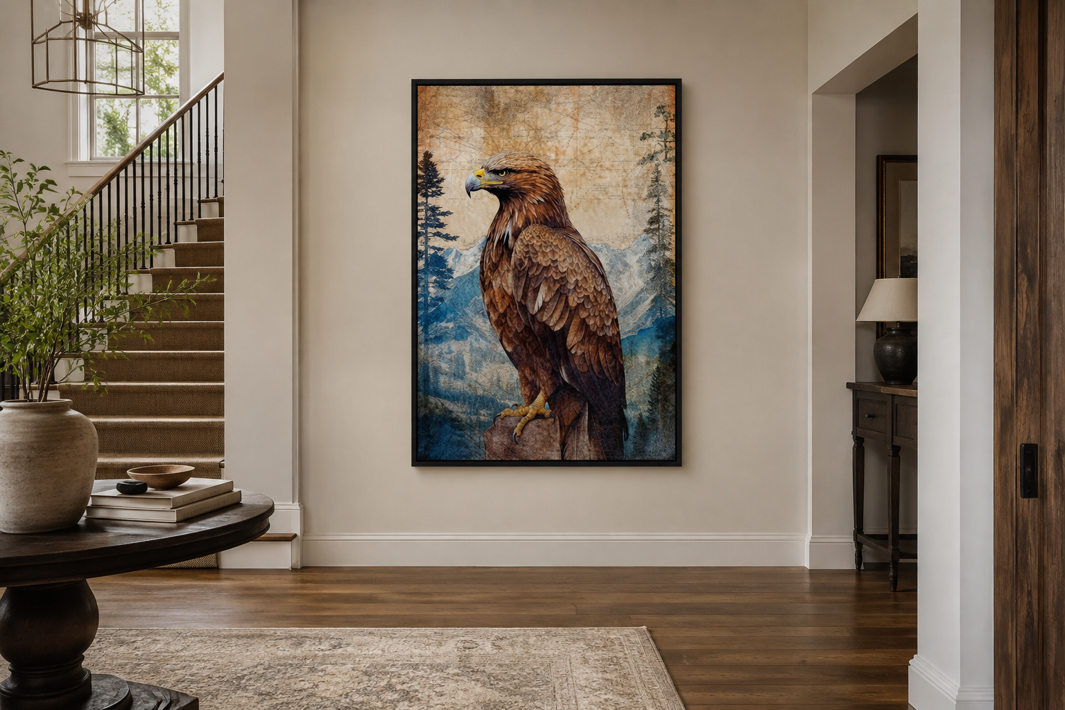 Eagle In Mountains Sitting On a Rock Framed Canvas Wall Art
