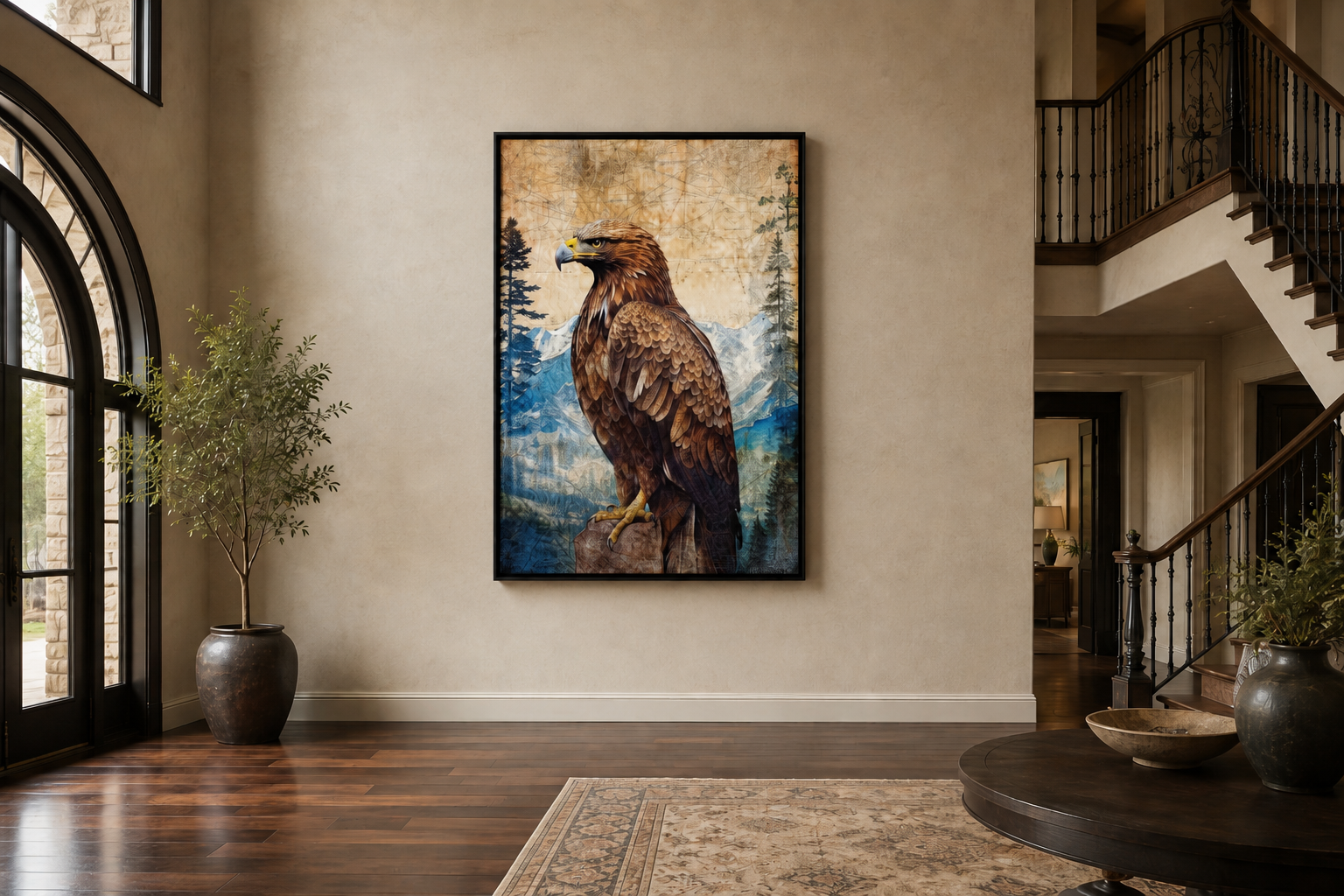 Eagle In Mountains Sitting On a Rock Framed Canvas Wall Art