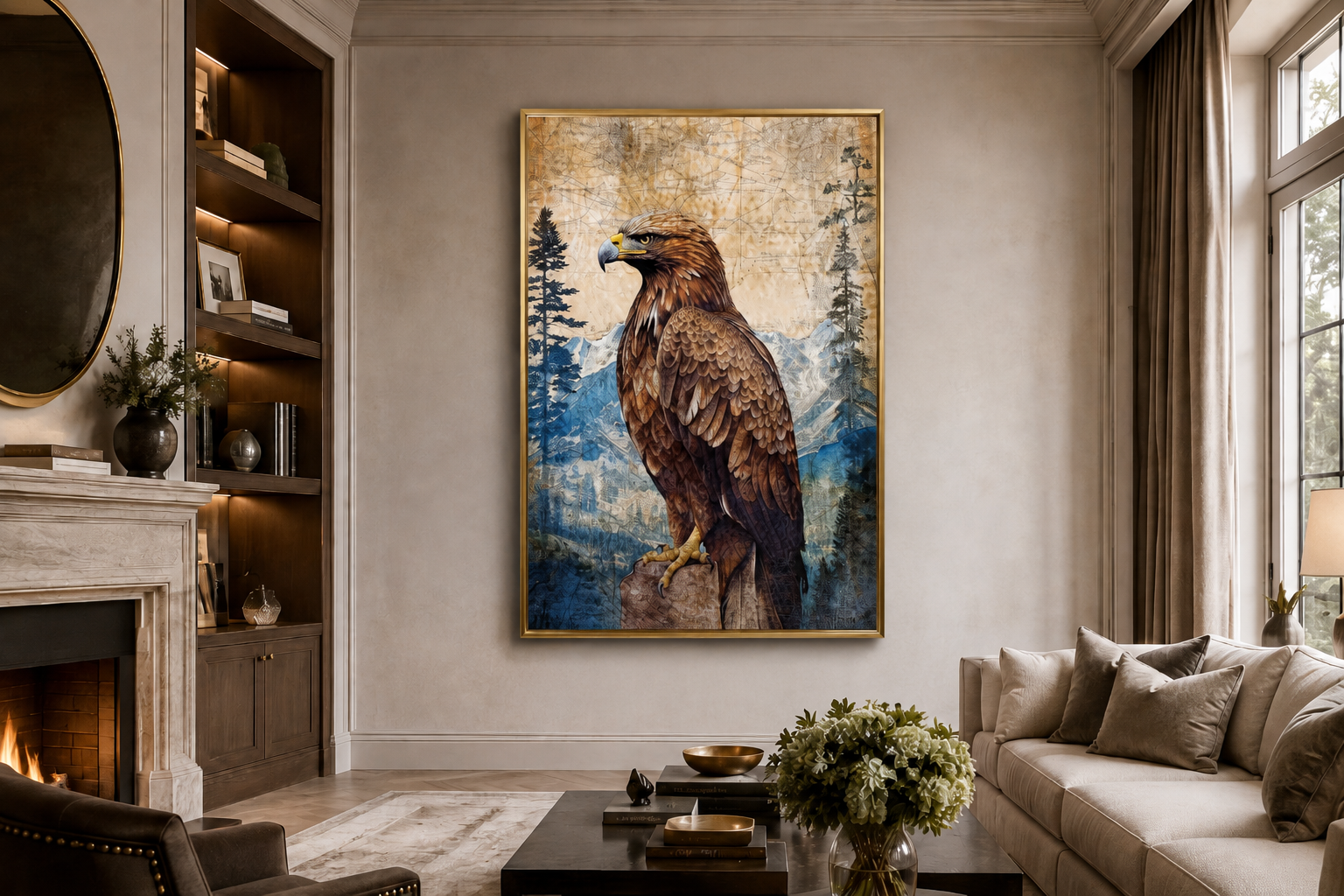 Eagle In Mountains Sitting On a Rock Framed Canvas Wall Art