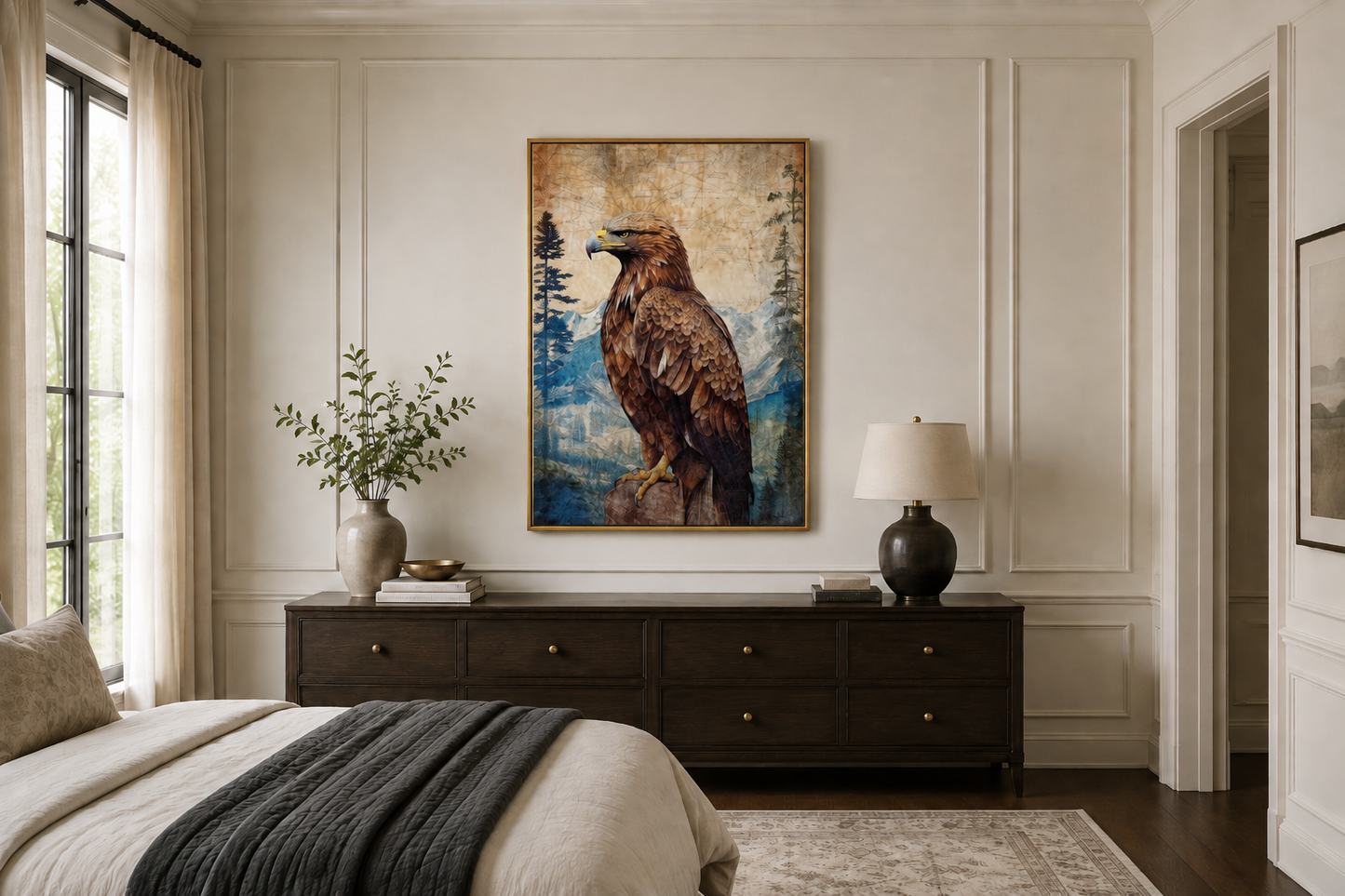 Eagle In Mountains Sitting On a Rock Framed Canvas Wall Art