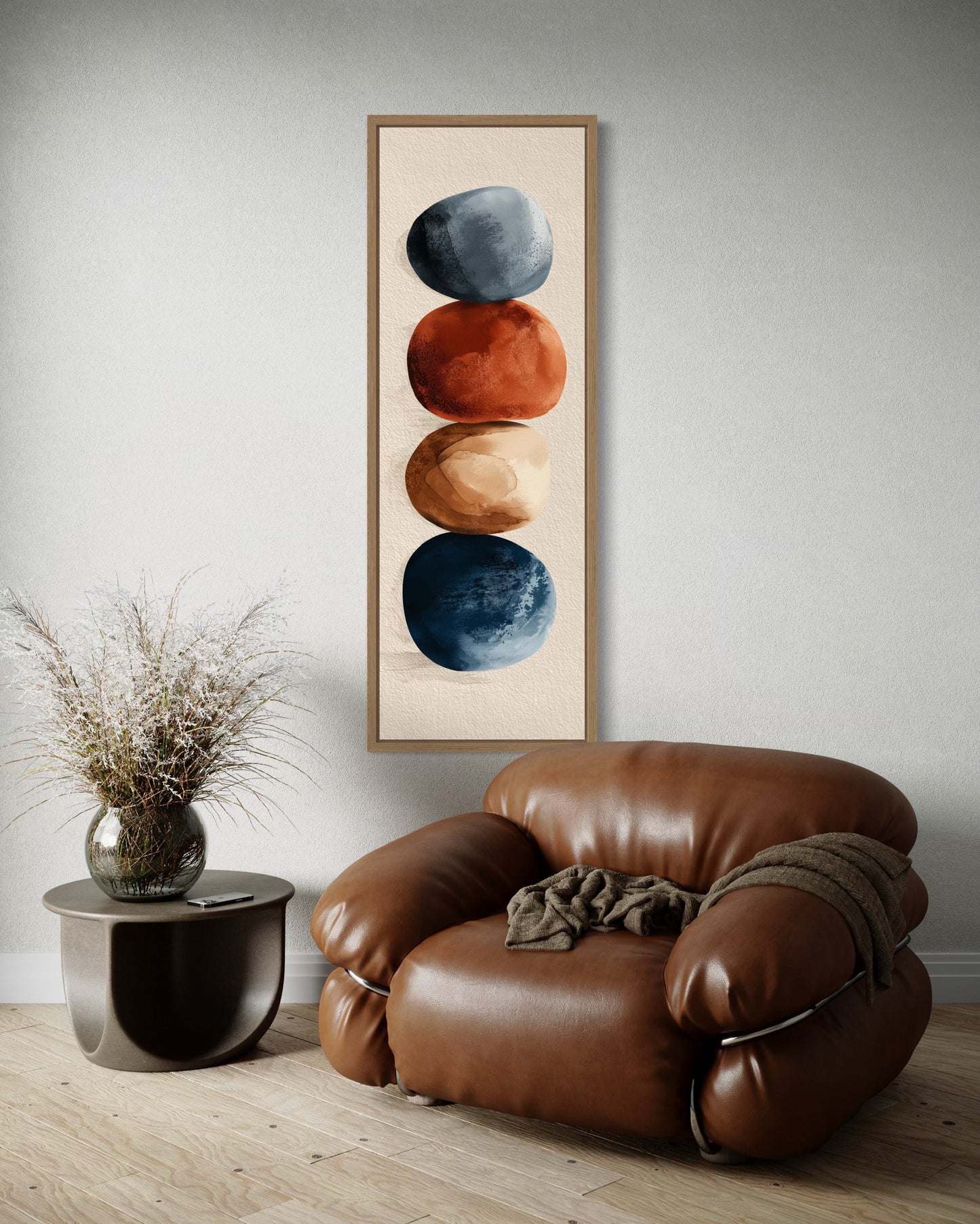 Earth Tones Brown Beige Navy Rocks Shapes Mid Century Modern Tall Vertical Wall Art