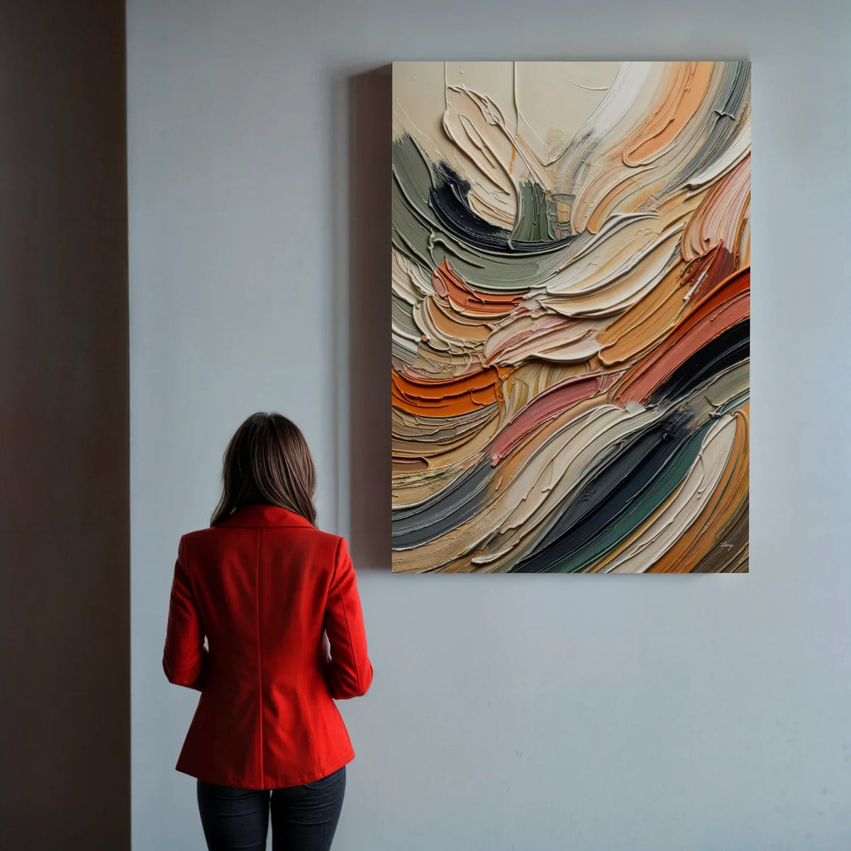 Person in a red jacket standing in front of an abstract painting on a wall. Canvas Print: "Earthen Strata"