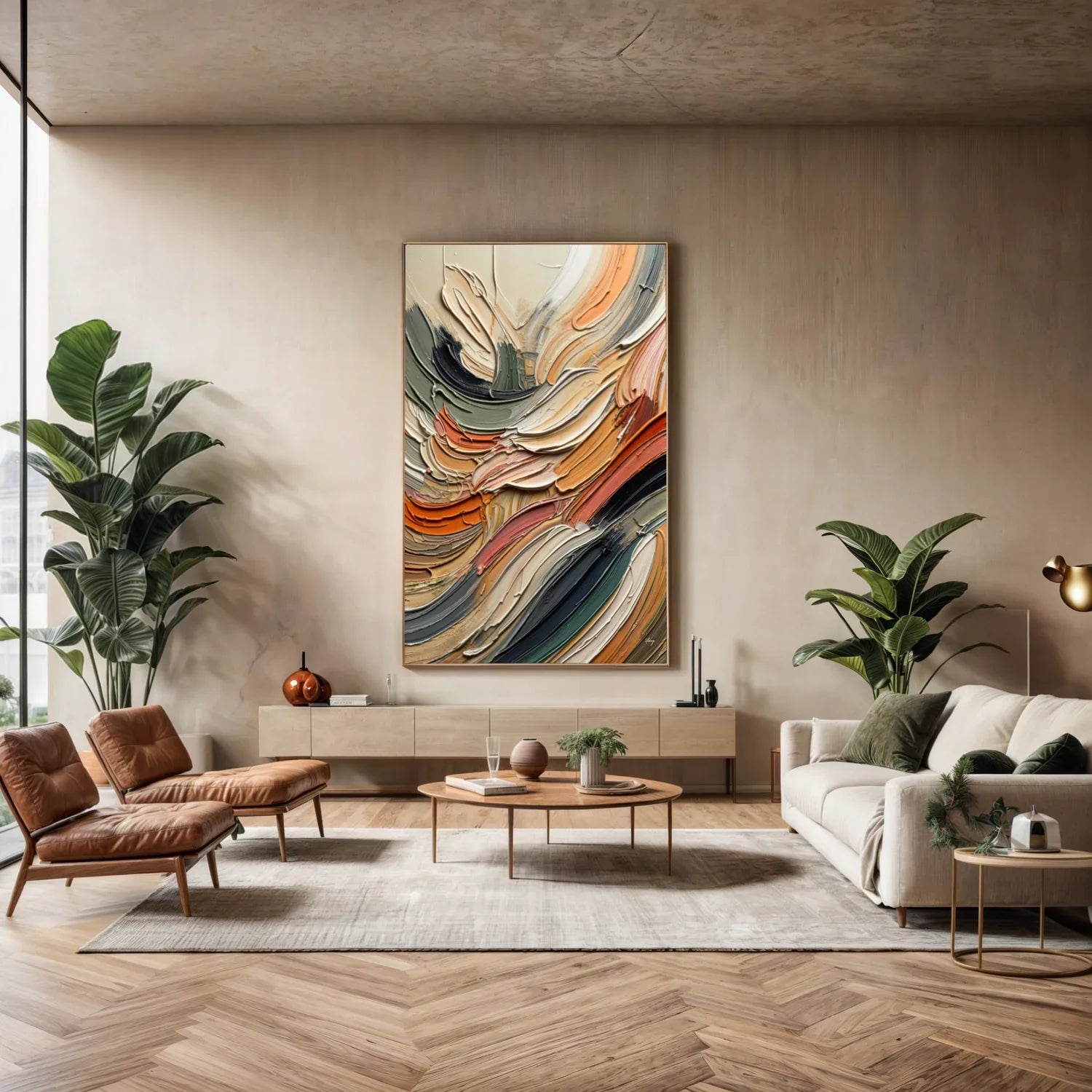 Modern living room with abstract art, furniture, and plants. Canvas Print: "Earthen Strata"