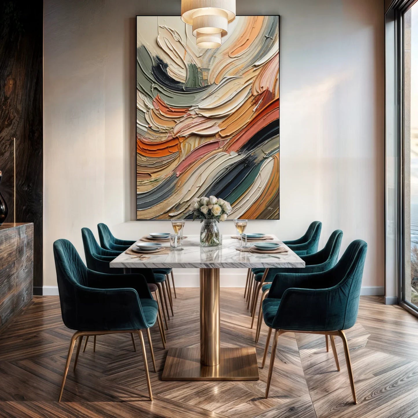 Modern dining room with a marble table and teal chairs, featuring an abstract painting on the wall. Canvas Print: "Earthen Strata"
