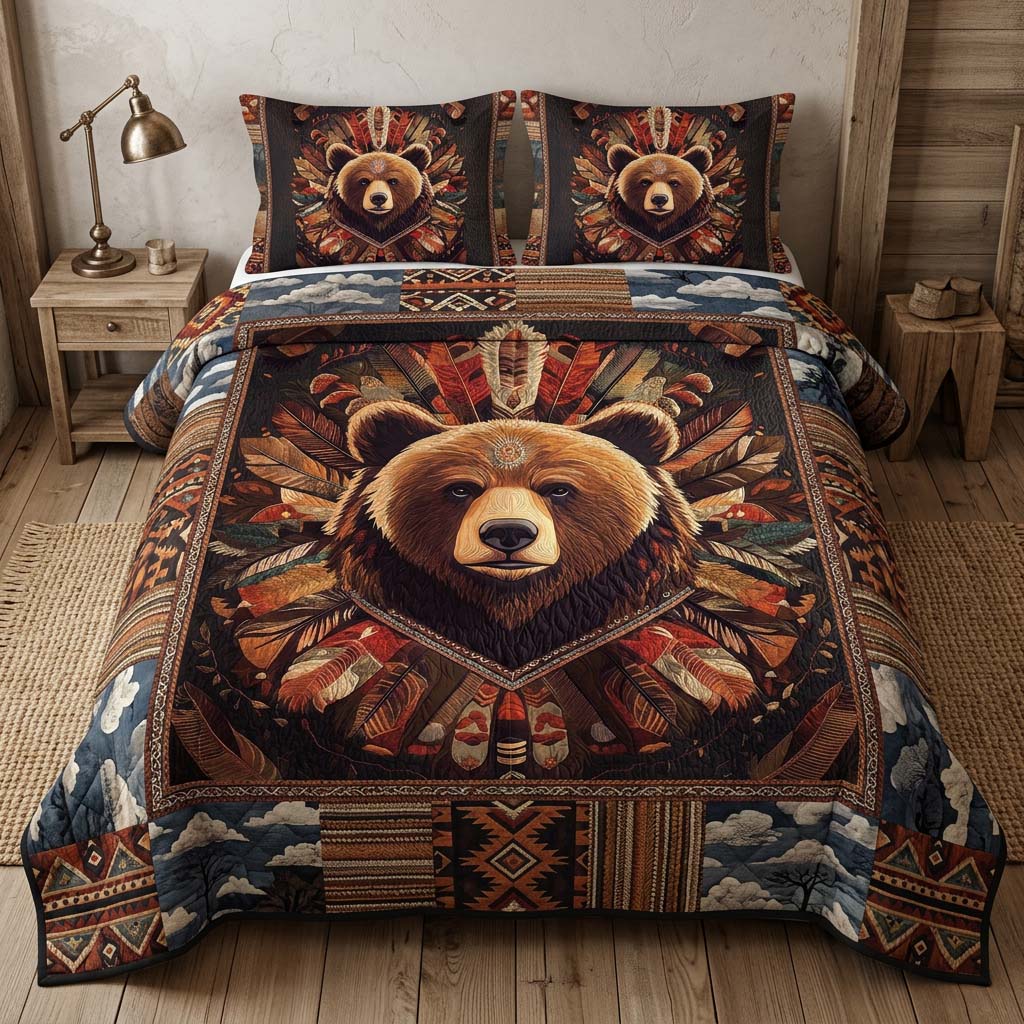 Earthfire Bear Headdress 3-Piece Quilted Bedding Set - Single (59" x 70")