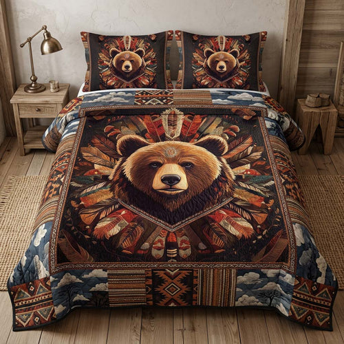 Earthfire Bear Headdress 3-Piece Quilted Bedding Set - Single (59" x 70")