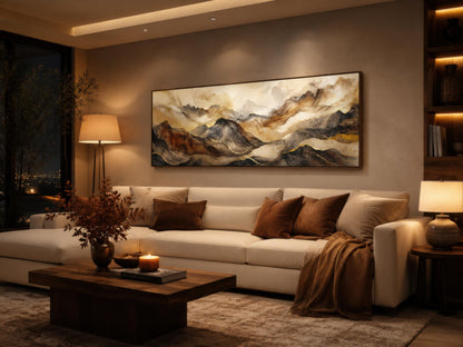 Earthy Abstract Wall Art - Long Horizontal Canvas | Brown Gold Mountain Art