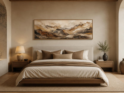 Earthy Abstract Wall Art - Long Horizontal Canvas | Brown Gold Mountain Art