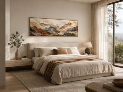 Earthy Abstract Wall Art - Long Horizontal Canvas | Brown Gold Mountain Art