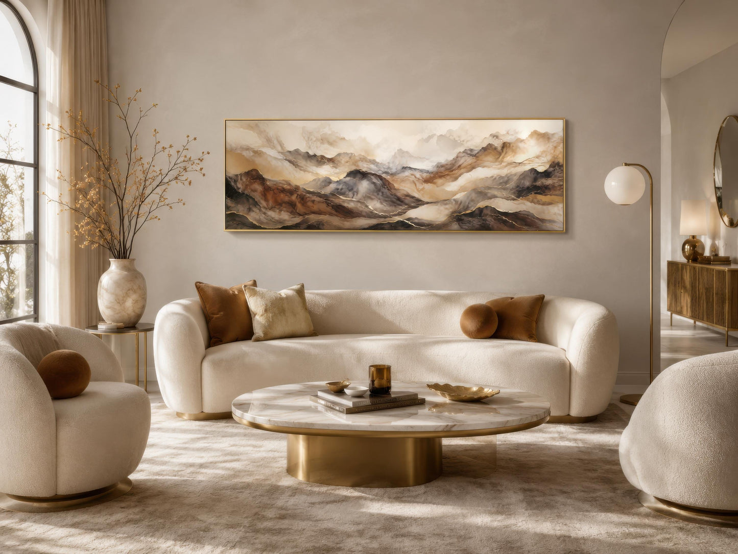 Earthy Abstract Wall Art - Long Horizontal Canvas | Brown Gold Mountain Art