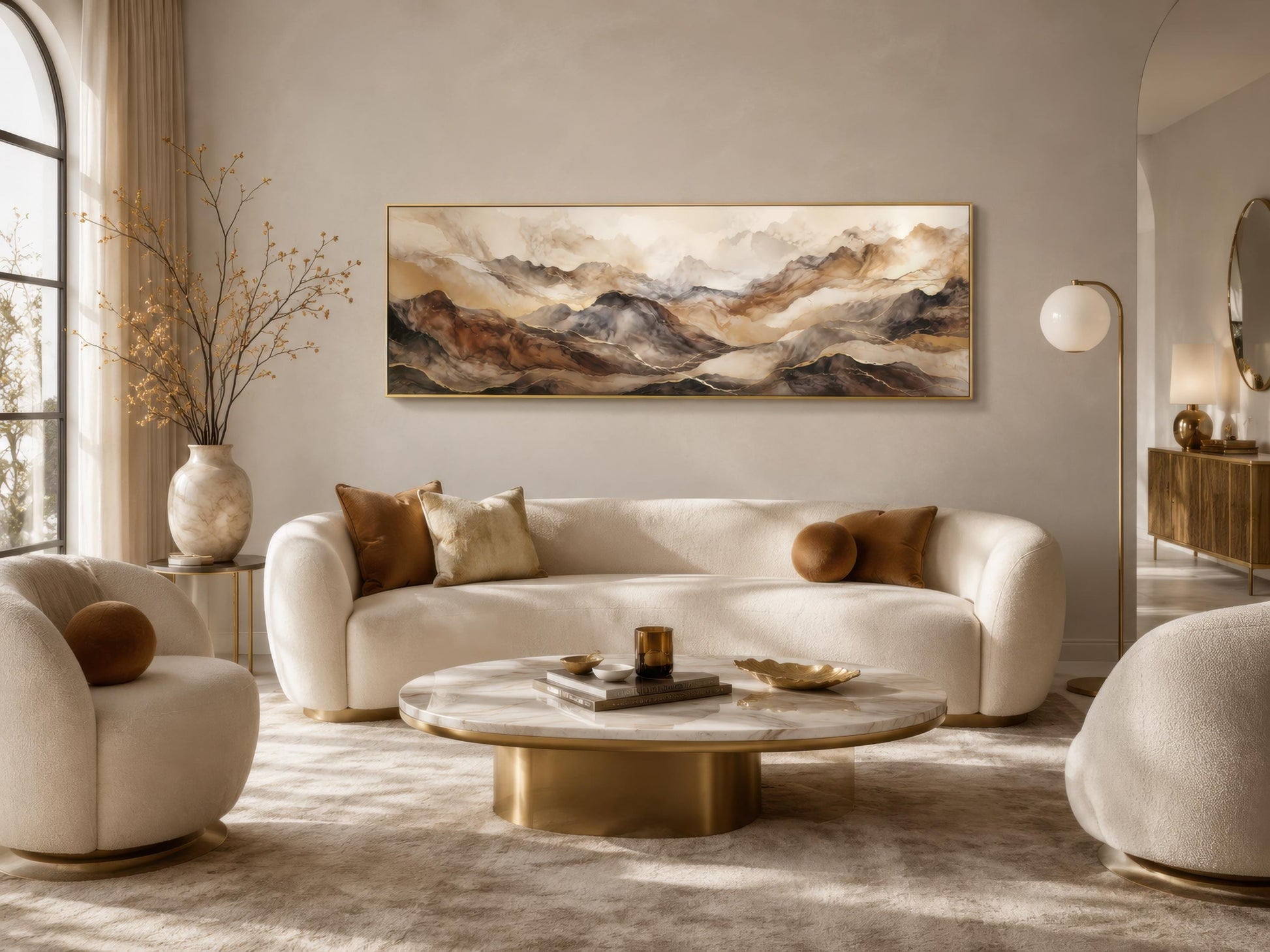 Earthy Abstract Wall Art - Long Horizontal Canvas | Brown Gold Mountain Art