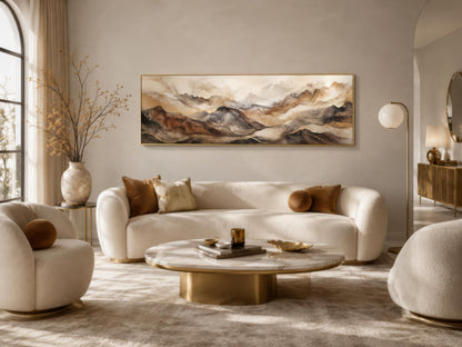 Earthy Abstract Wall Art - Long Horizontal Canvas | Brown Gold Mountain Art